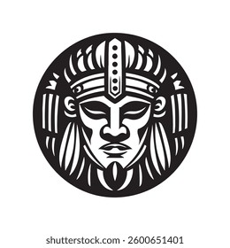 Stylized tribal mask, circular design, black and white