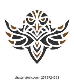 Stylized tribal owl tattoo design featuring bold geometric patterns in black and brown, symbolizing wisdom, strength, and spirituality. Tribal Owl Tattoo Design with Geometric Patterns