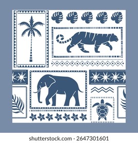 Stylized tribal pattern featuring silhouettes of jungle animals like elephant, tiger, and turtle with palm and leaf motifs on a flat white background. Concept of wildlife. Vector illustration