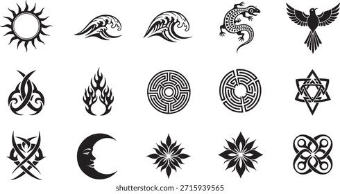 Representações tribais estilizadas do sol, ondas do oceano, fogo, pássaros e lagartos em um estilo de tinta preta arrojada.