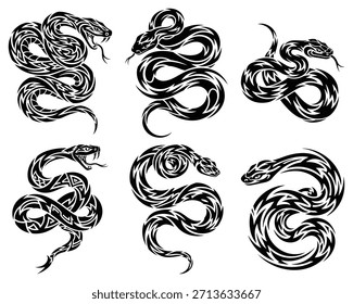 Ilustraciones de serpientes tribales estilizadas que muestran escalas y patrones detallados en blanco y negro, perfectos para diseños de tatuajes, obras de arte culturales o Elementos gráficos audaces en