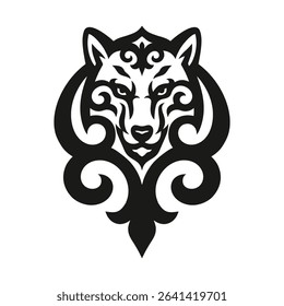 Stylized tribal wolf head in black ornament, ethnic totem design, wild animal illustration, tattoo or emblem concept, isolated on white background.