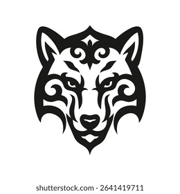 Stylized tribal wolf head in black ornament, ethnic totem design, wild animal illustration, tattoo or emblem concept, isolated on white background.