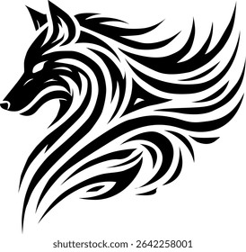 A stylized tribal wolf head illustration in black silhouette on a light background.