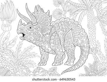 Stylized triceratops dinosaur living at the end of the Cretaceous period. Freehand sketch for adult anti stress coloring book page with doodle and zentangle elements.