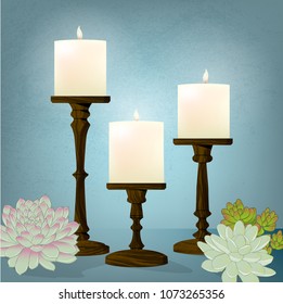 Stylized trio of wooden candlesticks on a blue background with colorful succulents. Flat vector with minimal texture and shadow.