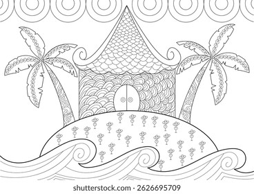Stylized Tropical Beach House Line Art, Black and white line art illustration of a whimsical tropical beach scene featuring a stylized house, palm trees, island, and patterned waves and clouds.