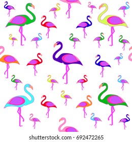  Stylized tropical exotic seamless pattern with bright flamingo birds on white background. Colorful abstract Funky bird style. Bright illustration of exotic bird.

