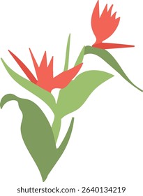 A stylized tropical flower with large leaves in a flat design. The plant features bold shapes and clean lines creating a modern look. Cartoon vector illustration.