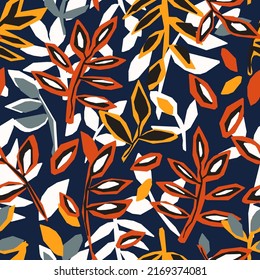 Stylized tropical flowers and leaves. Floral seamless pattern. Modern abstract print with botanical shapes. Colorful groovy vector background.