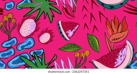 Stylized tropical fruits and plants in flat style. Vector seamless, overlapping, repeating pattern.