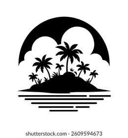 Stylized Tropical Island Silhouette with Palm Trees - Vector, Paradise, Vacation, Seascape, Isolated, Graphic