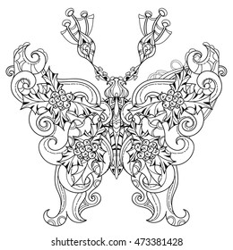 Stylized tropical lace butterfly of christmas.Hand drawn vector illustration. Sketch for tattoo or makhenda or adult coloring anti stress book. Insect collection boho style.