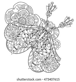 Stylized tropical lace butterfly of paradise with flowers.Hand drawn vector illustration. Sketch for tattoo or makhenda or adult coloring anti stress book. Insect collection boho style.