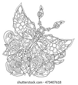 Stylized tropical lace butterfly of paradise with flowers.Hand drawn vector illustration. Sketch for tattoo or makhenda or adult coloring anti stress book. Insect collection boho style.