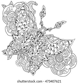 Stylized tropical lace butterfly of paradise with flowers.Hand drawn vector illustration. Sketch for tattoo or makhenda or adult coloring anti stress book. Insect collection boho style.