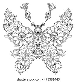 Stylized tropical lace butterfly of paradise.Hand drawn vector illustration. Sketch for tattoo or makhenda or adult coloring anti stress book. Insect collection boho style.