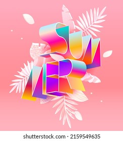 Stylized tropical leaves and colorful lettering design. Summer 3D floral poster