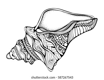 Stylized tropical mollusk isolated on white background. Freehand sketch for adult anti stress coloring book page with doodle and zentangle elements.