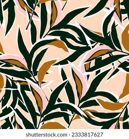 Stylized tropical palm leaves wallpaper. Jungle palm leaf seamless pattern. Design for fabric, textile print, wrapping, cover. Fashion vector illustration