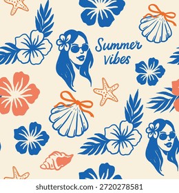 Stylized tropical pattern featuring a girl in sunglasses, hibiscus flowers, palm leaves, shells and starfish on a beige background. Includes handwritten text "Summer Vibes". Suitable for summer prints