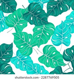 Stylized tropical pattern, palm leaves floral background. Abstract exotic plant seamless pattern. Botanical leaf wallpaper. Design for fabric, textile print, wrapping, cover. Vector illustration