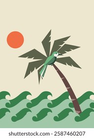 Stylized tropical scene  bird on palm, sun and sea. Flat, geometric, and serene design for nature projects.