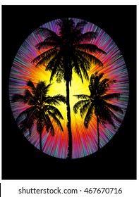 Stylized Tropical sunset with rays of the setting sun and black silhouettes of palm trees on a black background.