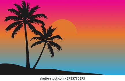 Stylized tropical sunset with two palm trees silhouetted against a vibrant pink, orange, and blue sky. Represents innovation, vision, and a modern approach. Could be used metaphorically for cutting-edge technology, a forward-thinking strategy, or a vibrant and creative IT culture.