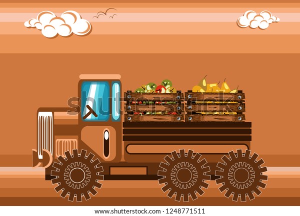 A stylized truck transports wooden boxes\
with fresh fruits - apples and pears. Illustration in brown colors.\
Vector illustration