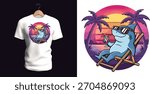 Stylized t-shirt vector illustration of a relaxed blue shark lounging comfortably on a beach chair, wearing sunglasses while holding a tropical drink, set against a vivid sunset scene with warm 