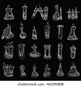Stylized tubes. Chemistry. Bottles reagent. Line art. Black and white drawing by hand. Graphic arts. Doodle.
