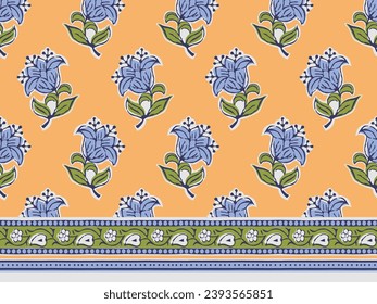 STYLIZED TULIP FLORAL ALL OVER PRINT SEAMLESS PATTERN WITH BORDER VECTOR ILLUSTRATION