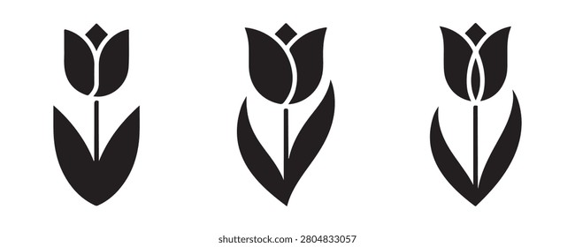 Stylized tulip flower designs, spring plant symbols, blossom flora graphics, various artistic renditions.