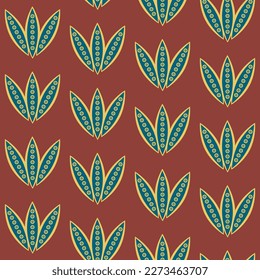 Stylized tulip flower seamless vector pattern background. Vintage medieval color flowers backdrop. Hand drawn line art geometric botanical design. Earthy decorative garden floral petal repeat.