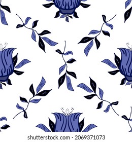 Stylized tulip and foliage seamless vector pattern background. Elegant purple white backdrop with flowers and sprigs of leaves. Hand drawn botanical floral design. Geometric diagonal grid repeat.