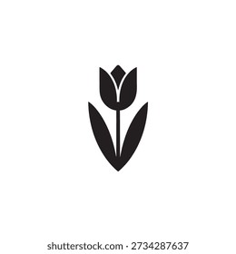 A stylized tulip silhouette featuring elegant curves and a single leaf, ideal for botanical-themed web icons or mobile app interfaces.