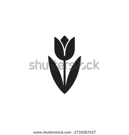 A stylized tulip silhouette featuring elegant curves and a single leaf, ideal for botanical-themed web icons or mobile app interfaces.