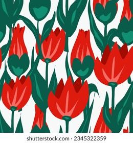 Stylized tulips in flat style. Vector seamless pattern