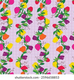 Stylized Tulips on Vines in Bright Summer Colors on a Lattice Textured Pink Lavender background creating a seamless pattern print background