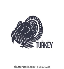 Stylized turkey silhouette graphic logo template, vector illustration on white background. Black and white decorated, sophisticated turkey for business, farm, poultry logo design