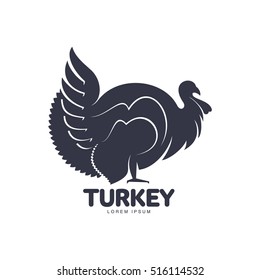 Stylized turkey silhouette graphic logo template, vector illustration on white background. Black and white decorated, sophisticated turkey for business, farm, poultry logo design