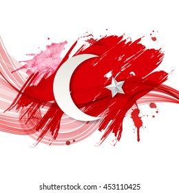 Stylized turkish flag with red  paint brush splash. Vector. Turkey coup