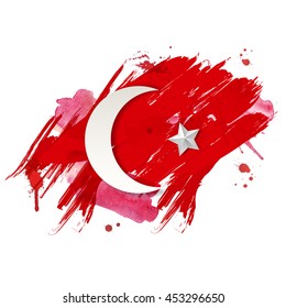 Stylized turkish flag with red  paint brush splash. Vector. Turkey coup
