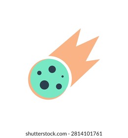 A stylized turquoise celestial body with craters streaks across a white background. Graphic for space exploration or discovery themes.