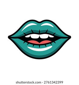 Stylized turquoise lips with white teeth and red tongue illustration