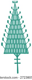 Stilisierte türkisfarbene vertikale Verzierung, die einen geometrischen Baum darstellt, mit traditionellen ethnischen Volkskunstsymbolen und symmetrischem Kulturerbe-Design.