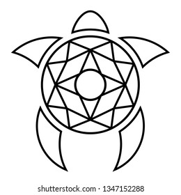 Stylized turtle with mosaic armor. Only lines. Black and white vector illustration in flat style.