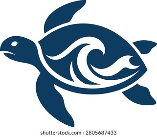 Stylized turtle swimming gracefully through ocean waves, symbolizing marine life conservation