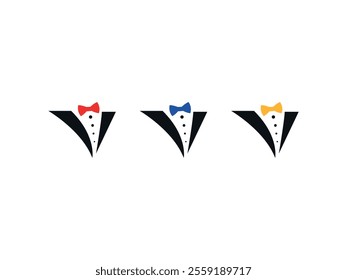 Stylized Tuxedo Shirt Logo with Vibrant Bow Ties in Red, Blue, and Yellow: Symbolizing Formal Events, Tuxedo Rentals, or Men's Fashion Services with Distinctive, Colorful Flair for Elegance and Style